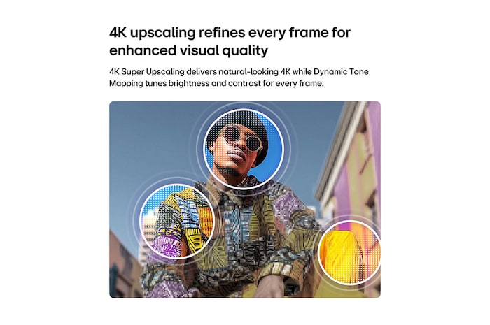 LG QNED AI QNED75 Mini LED with 4K Super Upscaling and Dynamic Tone Mapping shows a low-angle outdoor scene of a man between colorful buildings, as AI recognizes the scene and upscales each frame to 4K resolution.